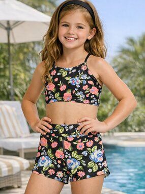 Girls Art Class Floral Swim Set Bike Shorts Top UPF 50+ Size M (8) NWT